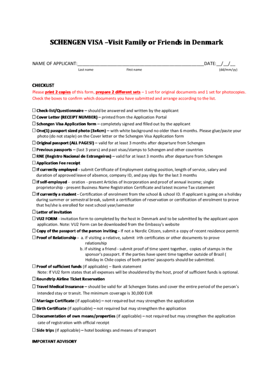 Schengen Visa Checklist Visit Family Or Friends In Denmark printable