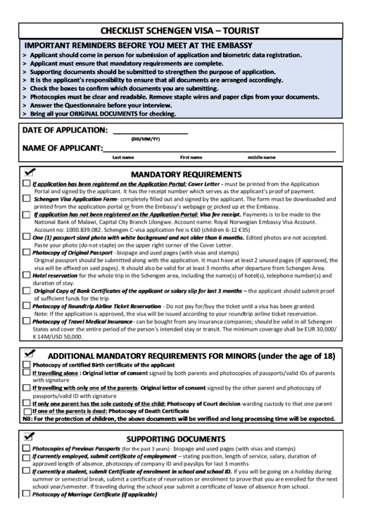 Schengen Visa Checklist Tourist printable pdf download