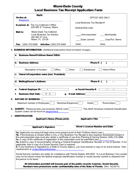 Local Business Tax Receipt Application Form printable pdf download
