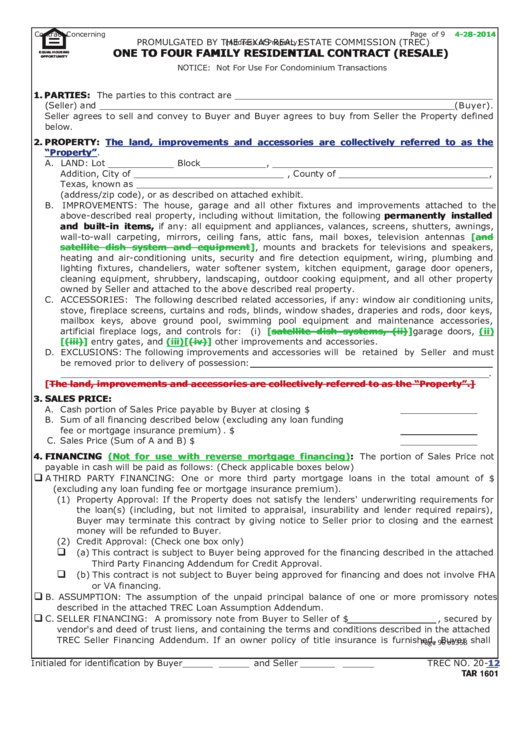 Form Tar 1601 One To Four Family Residential Contract (Resale
