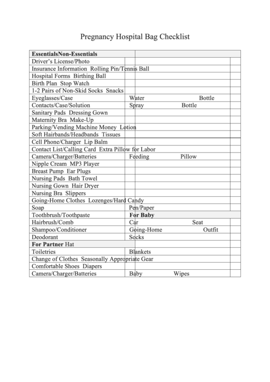 Pregnancy Hospital Bag Checklist printable pdf download