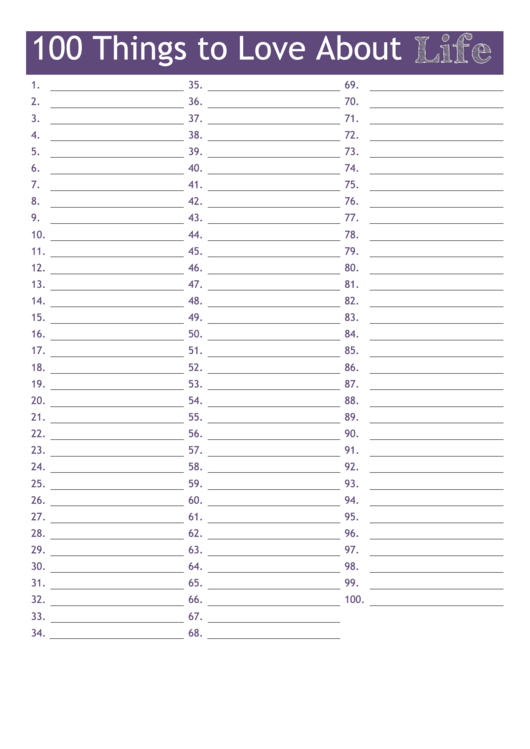 100 Things To Love About Life Poster Template printable pdf download