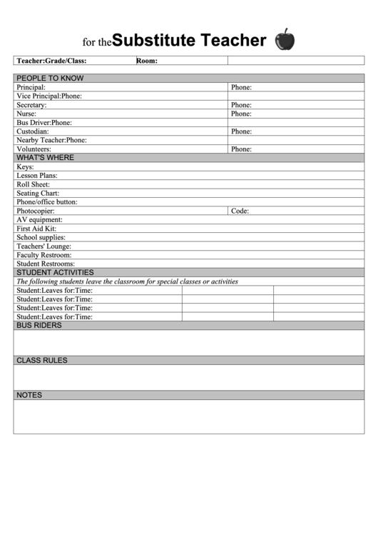 For Substitute Teacher Plan printable pdf download