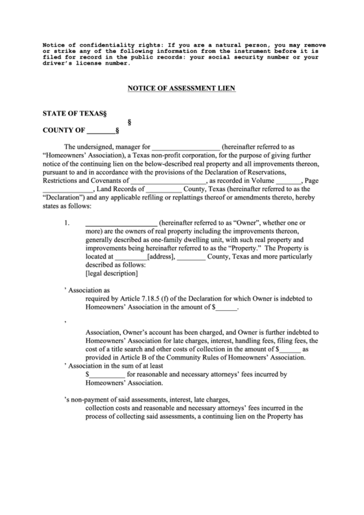Notice Of Assessment Lien printable pdf download