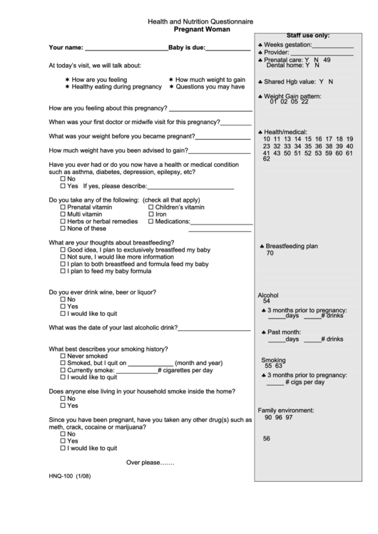 Healthandnutrition Questionnaire Pregnantwoman printable pdf download