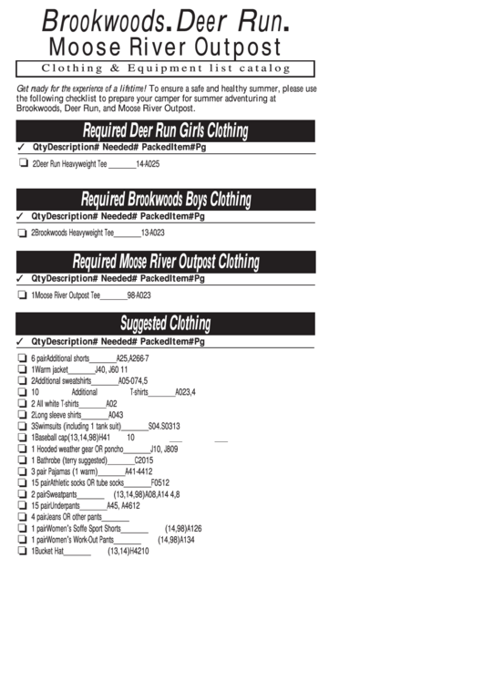 Clothing & Equipment List Catalog printable pdf download