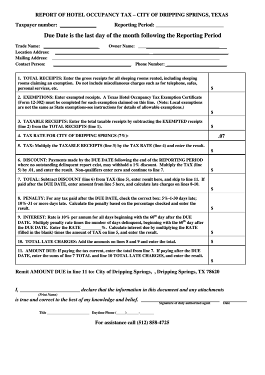 Report Of Hotel Occupancy Tax City Of Dripping Springs, Texas printable pdf download
