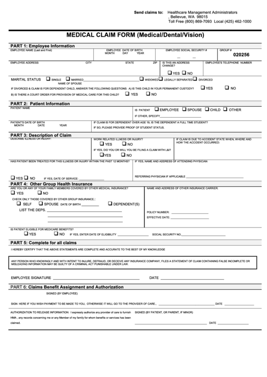 Medical Claim Form (Medical/dental/vision) printable pdf download