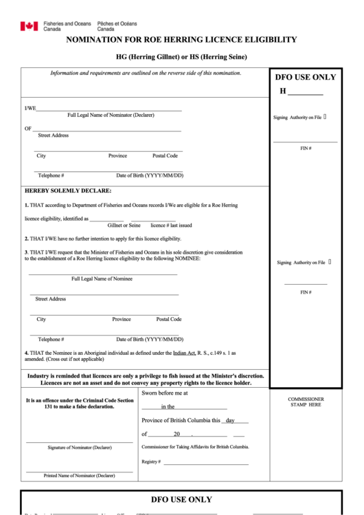 Nomination For Roe Herring Licence Eligibility printable pdf download