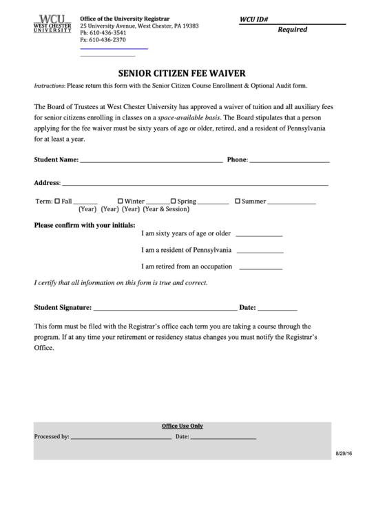 Fillable Senior Citizen Fee Waiver West Chester University printable