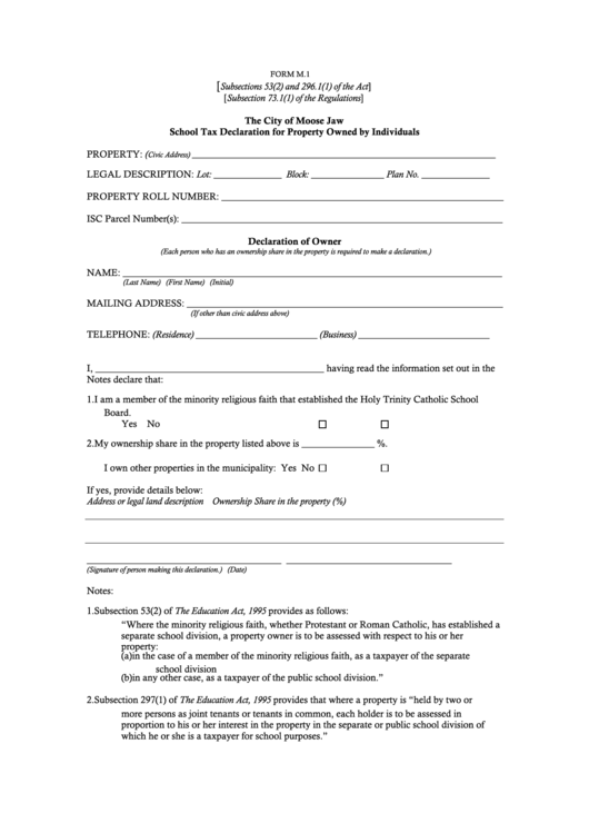 School Tax Declaration For Property Owned By Individuals printable pdf