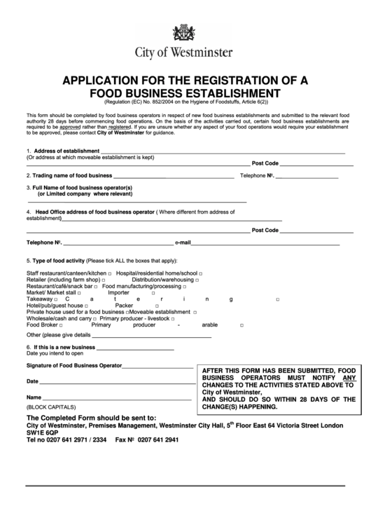 Application For The Registration Of A Food Business Establishment