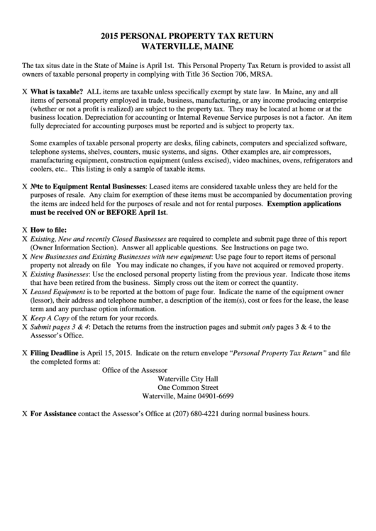 2015 Personal Property Tax Return Form City Of Waterville printable