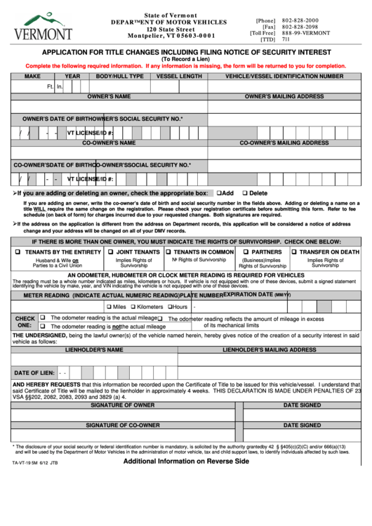 Fillable Form TaVt19 5m Application For Title Changes Including