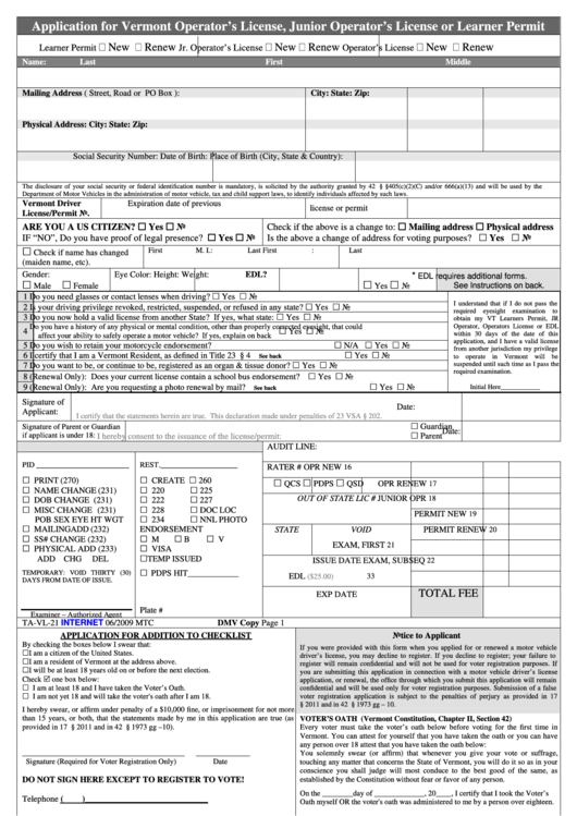 Fillable DmvVl021 Application For Vermont Operator'S License, Junior