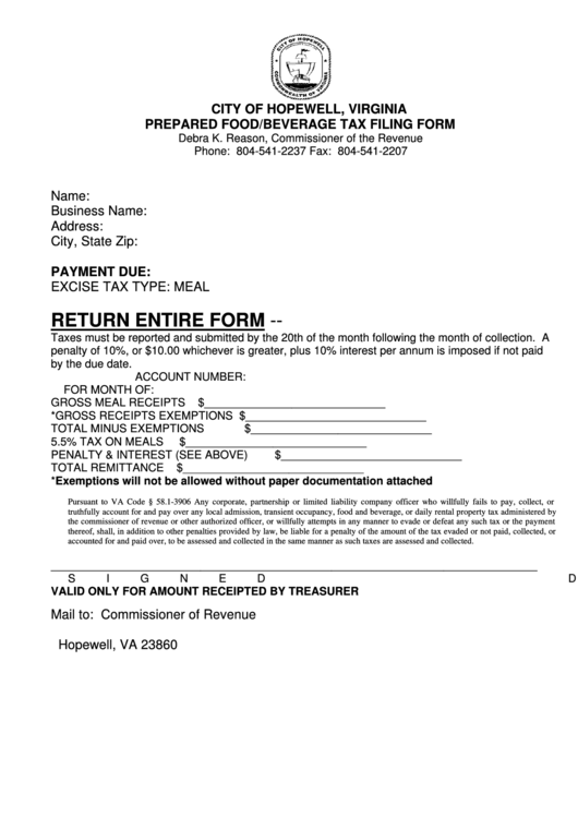 Prepared Food Beverage Tax Filing Form City Of Hopewell Virginia