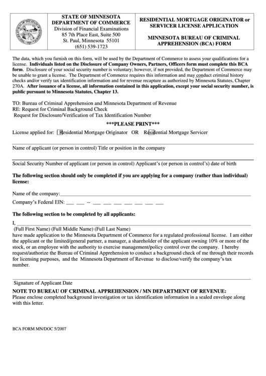 Bca Form Residential Mortgage Originator Or Servicer License Application printable pdf download