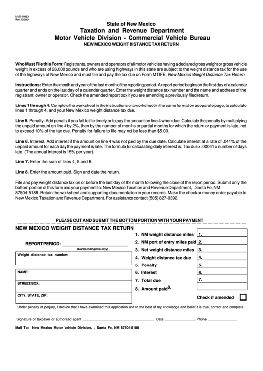 Form Mvd10963 New Mexico Weight Distance Tax Return printable pdf