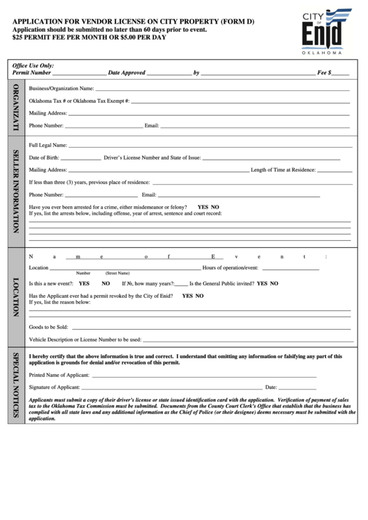 Fillable Application For Vendor License On City Property printable pdf
