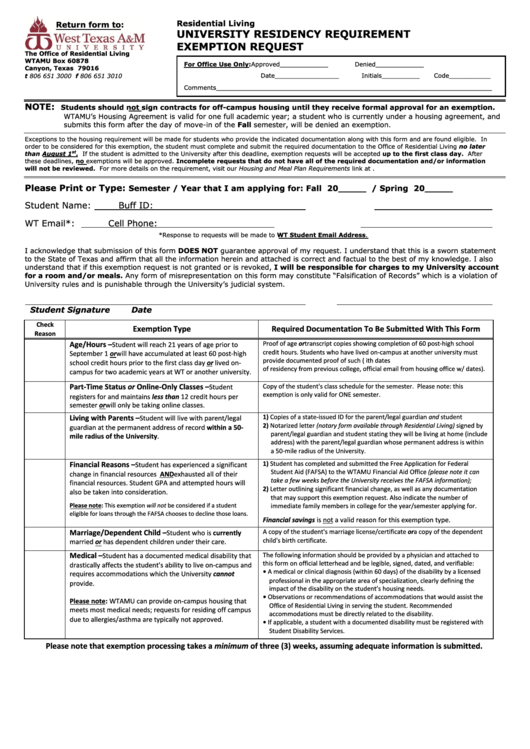 Fillable University Residency Requirement Exemption Request printable