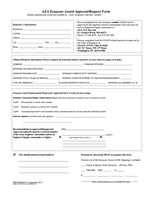 Aea Form 2 Aea Essayons Award Approval Request Form Army Engineer