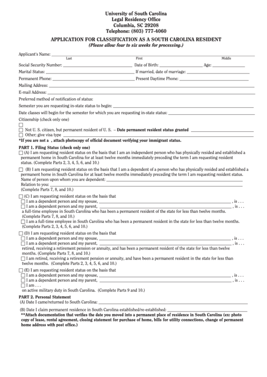 Fillable Application For Classification As A South Carolina Resident printable pdf download