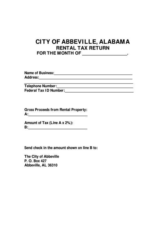 Fillable City Of Abbeville Rental Tax Form printable pdf download
