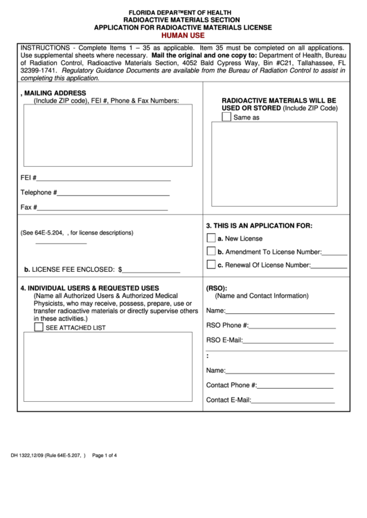 Dh 1322 Application For Radioactive Materials License printable pdf