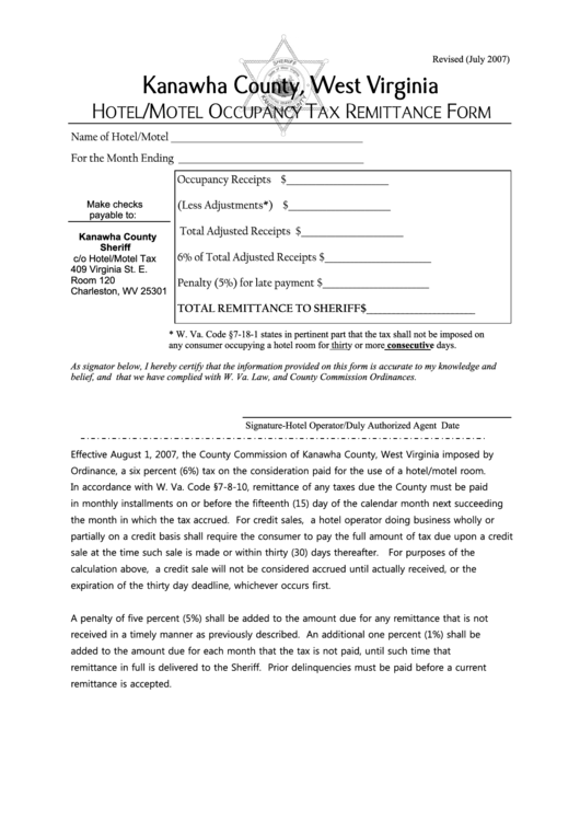 Remittance Form For Hotel Motel Tax Kanawha County printable pdf download