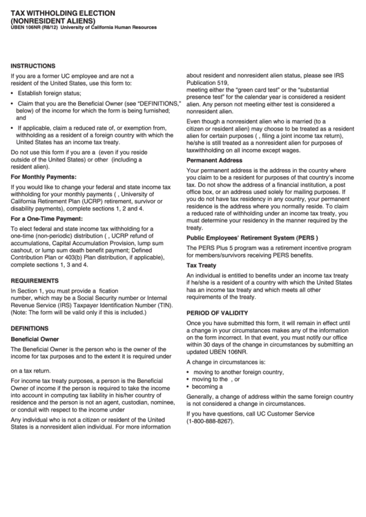 Fillable Tax Withholding Election Nonresident Aliens printable pdf download