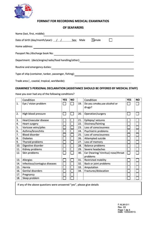Seafarers Medical Examination Form Medical Examination Examination