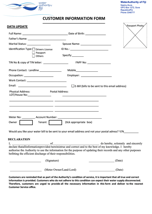 Customer Information Form Water Authority Of Fiji printable pdf download