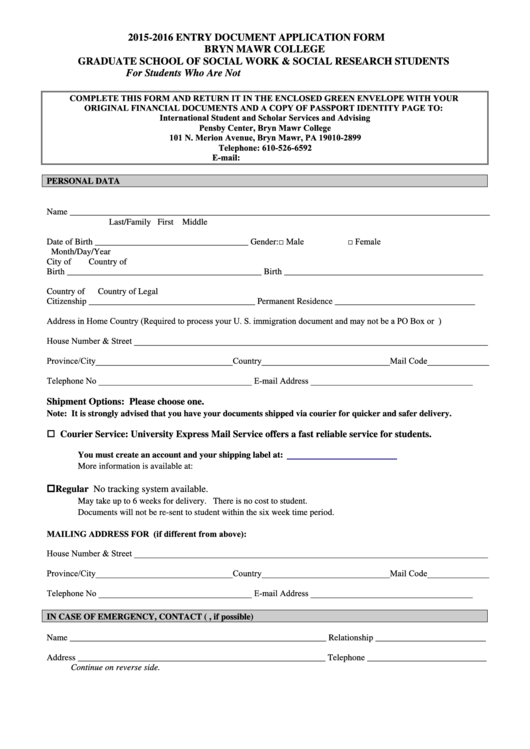 Entry Document Application Form Bryn Mawr College printable pdf download