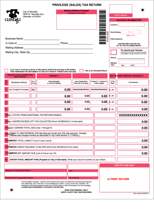 Fillable Privilege Sales And Use Tax Return City Of Glendale