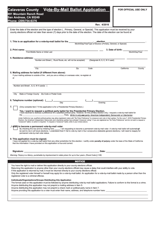 California VoteByMail Ballot Application Form printable pdf download