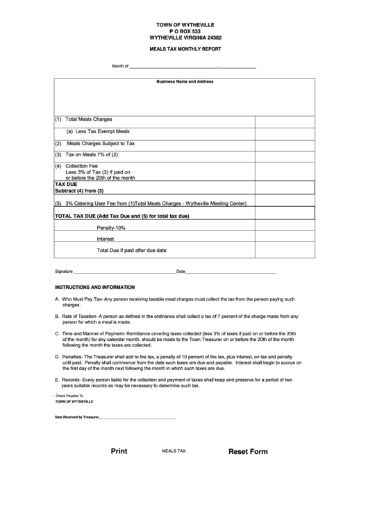 Fillable Meals Tax Form Town Of Wytheville printable pdf download