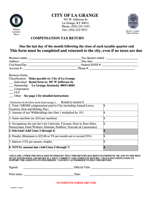 Compensation Tax Return Form City Of La Grange Kentucky printable pdf