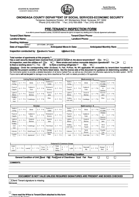 PreTenancy Inspection Form printable pdf download