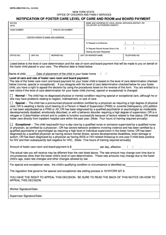 Notification Of Foster Care Level Of Care And Room And Board printable