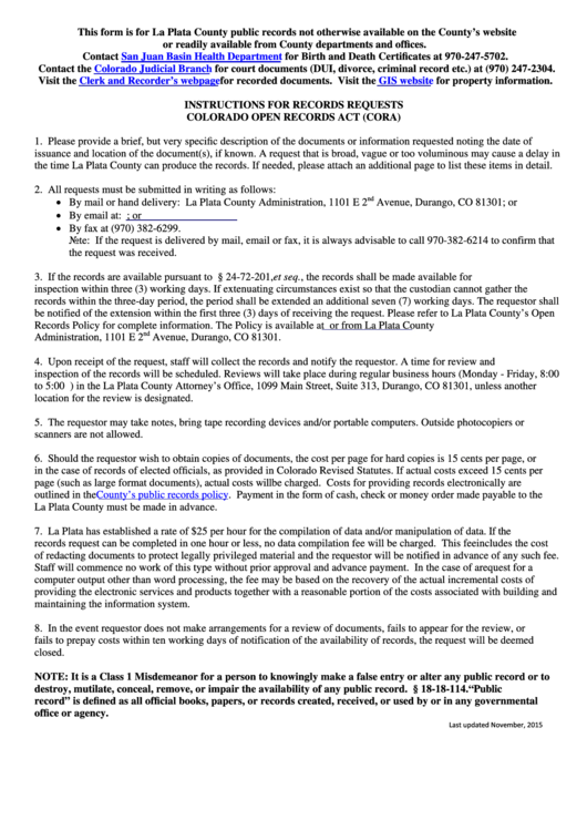 Fillable La Plata County Public Open Records Request printable pdf download