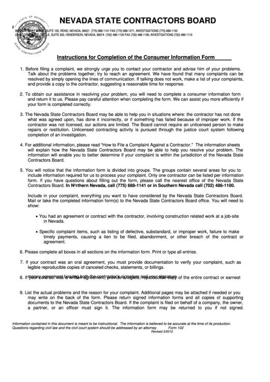 Fillable Licensed Contractor Complaint Form Nevada State Contractors