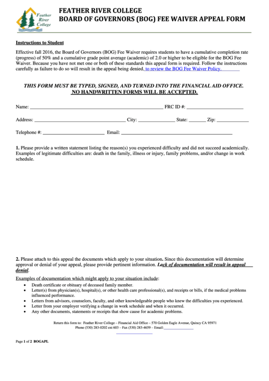 Fillable Board Of Governors Fee Waiver Appeal Feather River College printable pdf download
