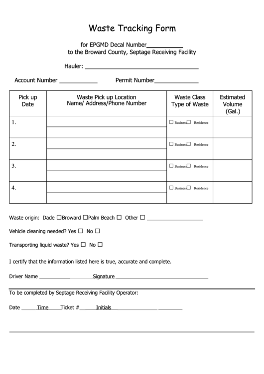 Waste Tracking Form Broward County printable pdf download