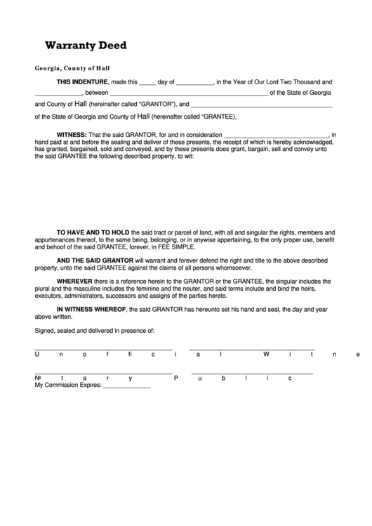 Fillable Warranty Deed Hall County printable pdf download