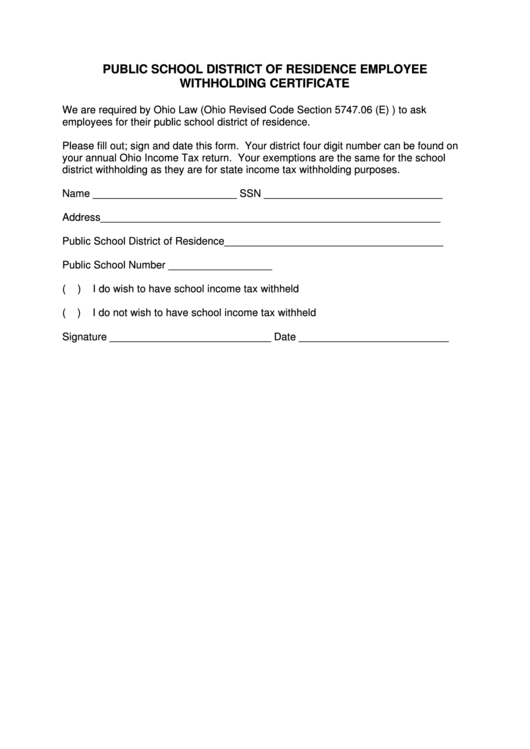 Fillable Public School District Of Residence Employee Withholding