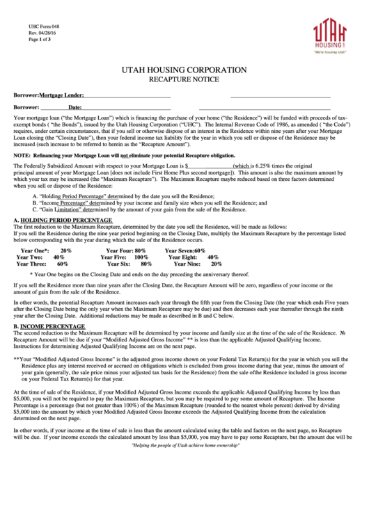 Fillable Utah Housing Corporation Recapture Notice printable pdf download