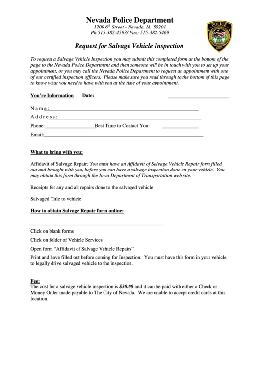 City Of Nevada Request For Salvage Vehicle Inspection printable pdf
