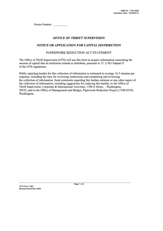 Office Of Thrift Supervision Notice Or Application For Capital