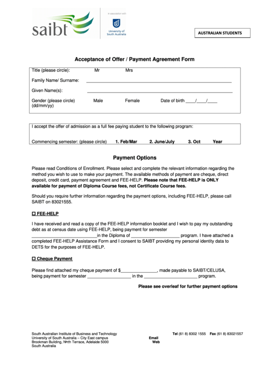 Acceptance Of Offer / Payment Agreement Form Payment Options printable
