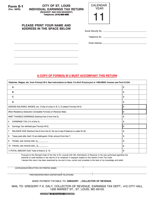 Fillable Form E1 Individual Earnings Tax Return City Of St. Louis 2010 printable pdf download